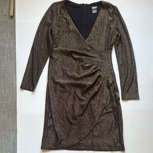 DKNY Shimmery Gold Long-Sleeve Wrap-Style Dress